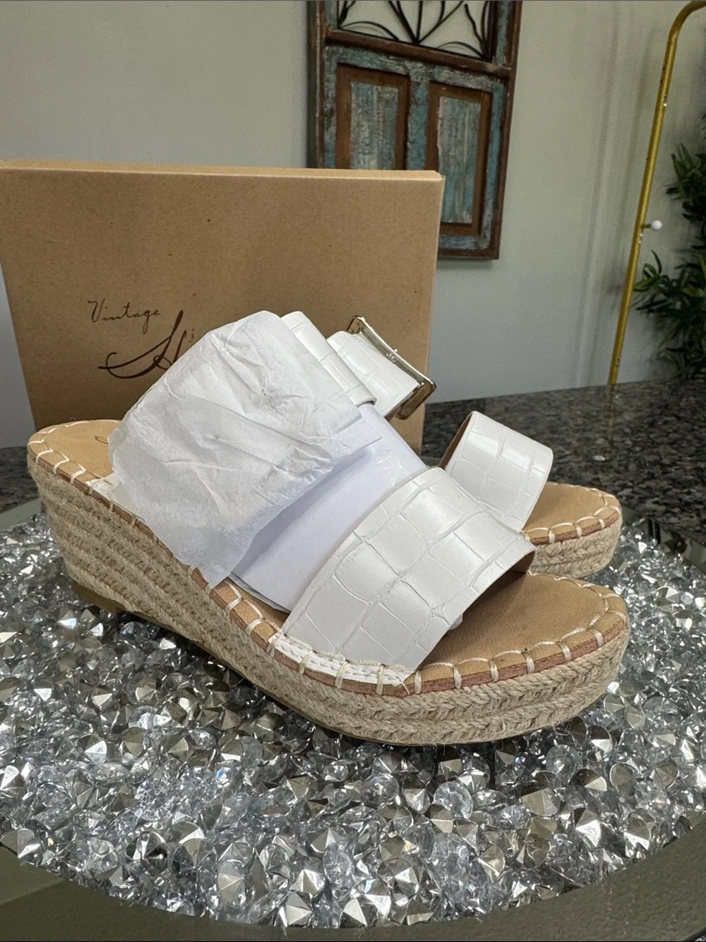 Vintage Havana Robin White Croc-Texture Espadrille Wedge Sandals Buckle NEW 7